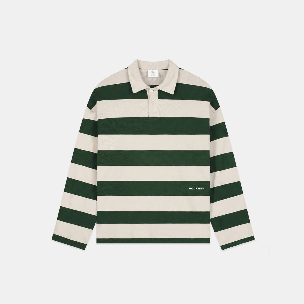 POCKIES Striped LS Polo Forest Green/Off-White