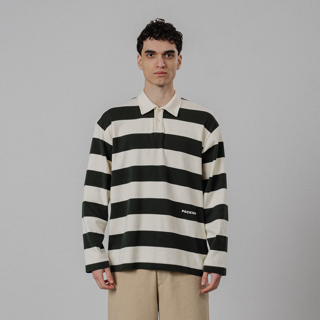 POCKIES Striped LS Polo Forest Green/Off-White