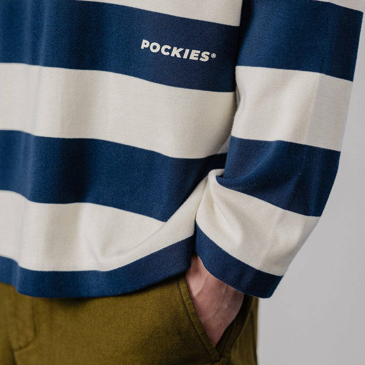POCKIES Striped LS Polo Navy/Off-White