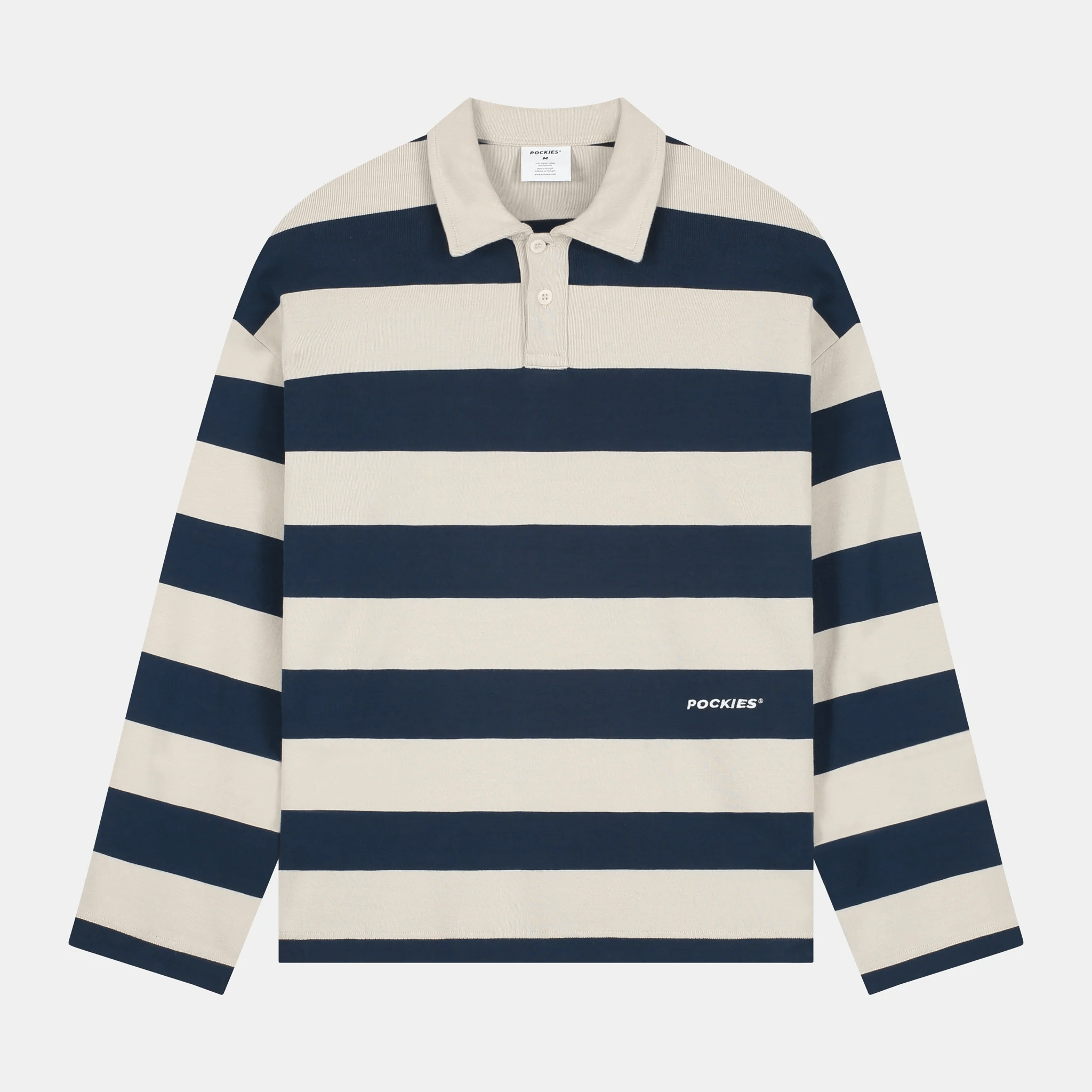 POCKIES Striped LS Polo Navy/Off-White