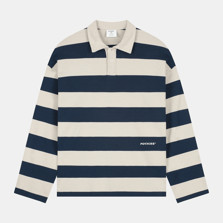 POCKIES Striped LS Polo Navy/Off-White