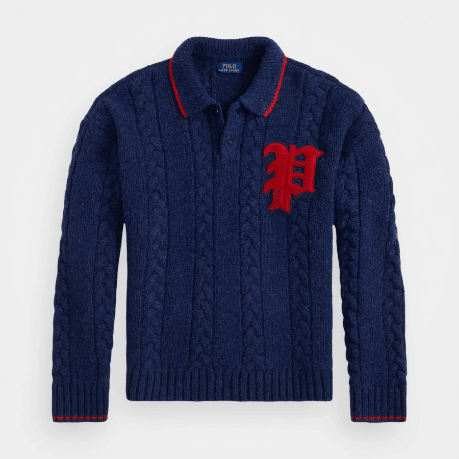 POLO RALPH LAUREN Cable-Knit Polo-Collar Letter Sweater Navy