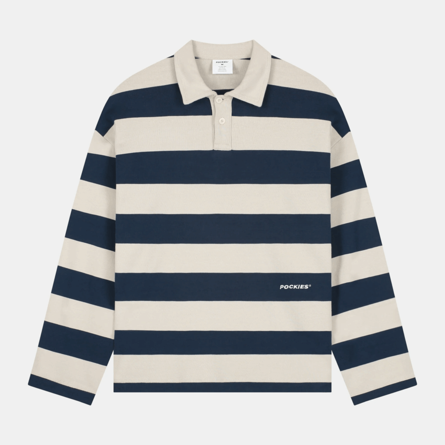 POCKIES Striped LS Polo Navy/Off-White